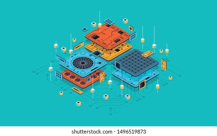 Isometric design concept virtual reality and augmented reality. software development and programming. Computation of big data center, quantum computer isometric vector technology