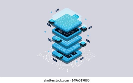 Isometric design concept virtual reality and augmented reality. software development and programming. Computation of big data center, quantum computer isometric vector technology