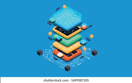 Isometric design concept virtual reality and augmented reality. software development and programming. Computation of big data center, quantum computer isometric vector technology