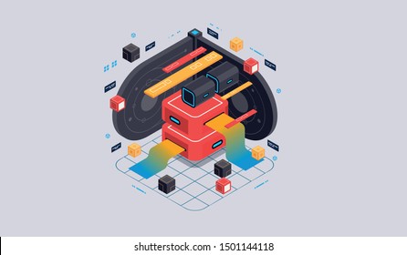 Isometric design concept virtual reality and augmented reality. software development and programming. Computation of big data center, quantum computer isometric vector technology