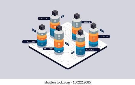 Isometric design concept virtual reality and augmented reality. software development and programming. Computation of big data center, quantum computer isometric vector technology