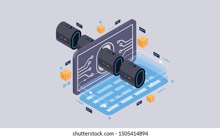 Isometric design concept virtual reality and augmented reality. software development and programming. Computation of big data center, quantum computer isometric vector technology