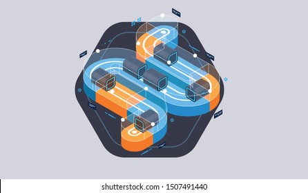 Isometric design concept virtual reality and augmented reality. software development and programming. Computation of big data center, quantum computer isometric vector technology