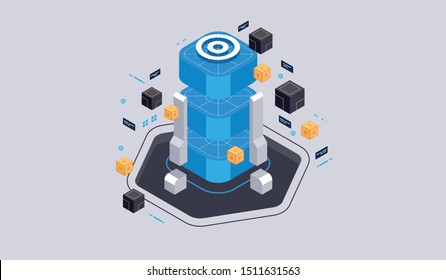 Isometric design concept virtual reality and augmented reality. software development and programming. Computation of big data center, quantum computer isometric vector technology
