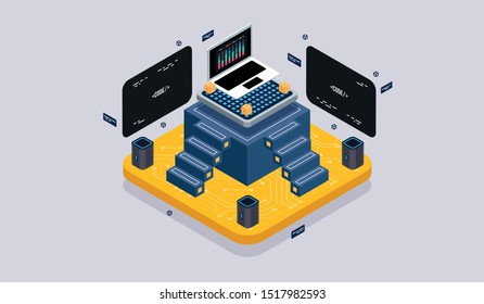 Isometric design concept virtual reality and augmented reality. software development and programming. Computation of big data center, quantum computer isometric vector technology