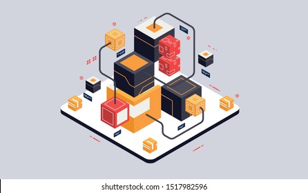 Isometric design concept virtual reality and augmented reality. software development and programming. Computation of big data center, quantum computer isometric vector technology