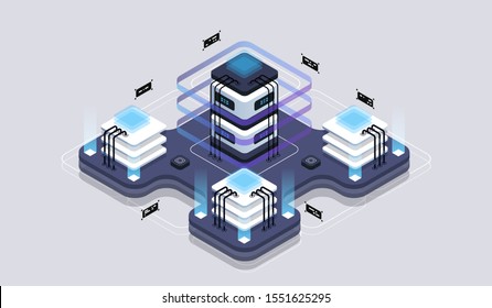 Concepto de diseño isométrico de realidad virtual y realidad aumentada. desarrollo y programación de software. Cálculo del centro de datos grande, tecnología de Vector isométrica de ordenador cuántico