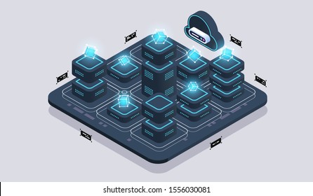Isometric design concept virtual reality and augmented reality. software development and programming. Computation of big data center, quantum computer isometric vector technology