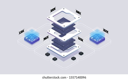 Isometric design concept virtual reality and augmented reality. software development and programming. Computation of big data center, quantum computer isometric vector technology