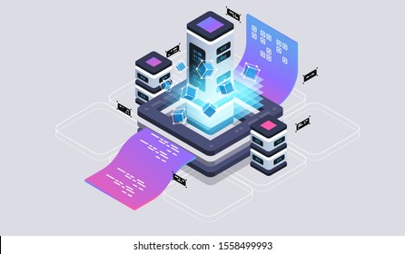 Isometric design concept virtual reality and augmented reality. software development and programming. Computation of big data center, quantum computer isometric vector technology