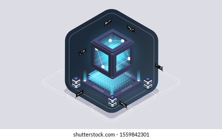 Isometric design concept virtual reality and augmented reality. software development and programming. Computation of big data center, quantum computer isometric vector technology