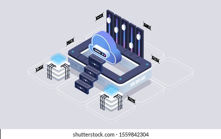 Isometric design concept virtual reality and augmented reality. software development and programming. Computation of big data center, quantum computer isometric vector technology