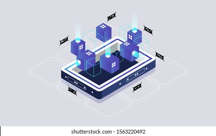 Isometric design concept virtual reality and augmented reality. software development and programming. Computation of big data center, quantum computer isometric vector technology