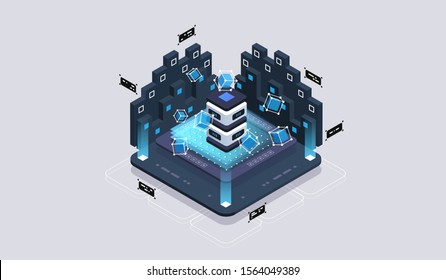 Isometric design concept virtual reality and augmented reality. software development and programming. Computation of big data center, quantum computer isometric vector technology