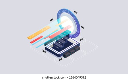 Isometric design concept virtual reality and augmented reality. software development and programming. Computation of big data center, quantum computer isometric vector technology