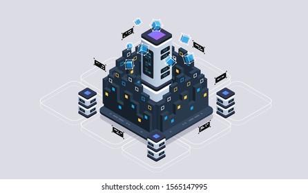 Isometric design concept virtual reality and augmented reality. software development and programming. Computation of big data center, quantum computer isometric vector technology