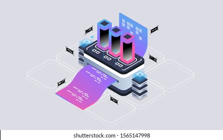 Isometric design concept virtual reality and augmented reality. software development and programming. Computation of big data center, quantum computer isometric vector technology