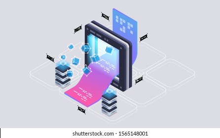 Isometric Design Concept Virtual Reality And Augmented Reality. Software Development And Programming. Computation Of Big Data Center, Quantum Computer Isometric Vector Technology