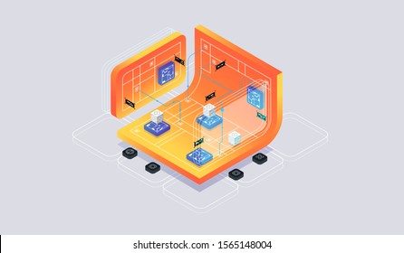 Isometric design concept virtual reality and augmented reality. software development and programming. Computation of big data center, quantum computer isometric vector technology