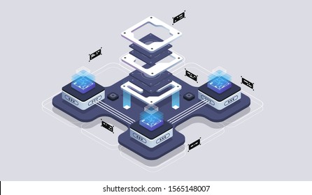 Isometric design concept virtual reality and augmented reality. software development and programming. Computation of big data center, quantum computer isometric vector technology