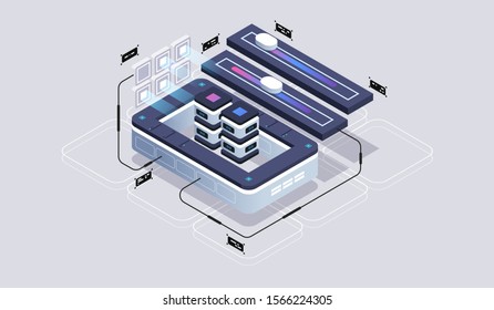 Isometric design concept virtual reality and augmented reality. software development and programming. Computation of big data center, quantum computer isometric vector technology