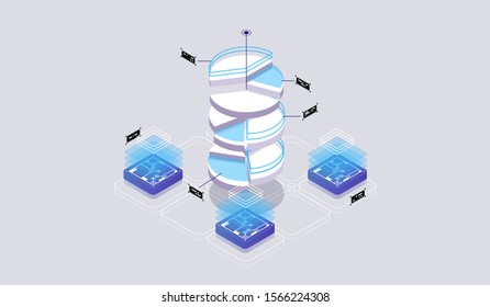 Isometric design concept virtual reality and augmented reality. software development and programming. Computation of big data center, quantum computer isometric vector technology