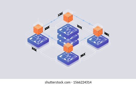 Isometric design concept virtual reality and augmented reality. software development and programming. Computation of big data center, quantum computer isometric vector technology
