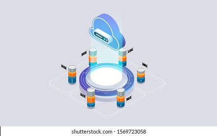 Isometric design concept virtual reality and augmented reality. software development and programming. Computation of big data center, quantum computer isometric vector technology
