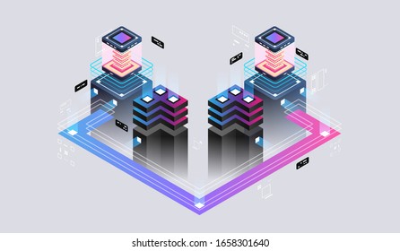 Concepto de diseño isométrico realidad virtual y realidad aumentada. desarrollo y programación de software. Concepto de visualización de datos. Ilustración vectorial isométrica 3d.