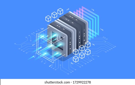 Isometric design concept virtual reality and augmented reality. software development and programming. Computation of big data center, quantum computer isometric vector technology