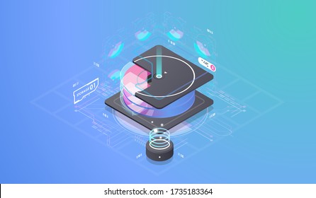 Isometric design concept virtual reality and augmented reality. software development and programming. Computation of big data center, information processing, database. isometric vector technology