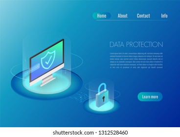 Isometric design concept web banner computer with full option security. Personal data security concept landing page.