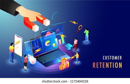 Isometric design for Customer Retention, miniature people shopping online, shopper attract potential buyers through providing best deals E-Business and Marketing idea.