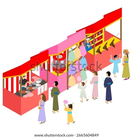 An isometric design depicting the lively scene of a summer festival, with people in yukata and summer clothes touring the food stalls.