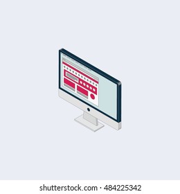 Isometric design  desktop website design development process, vector illustration