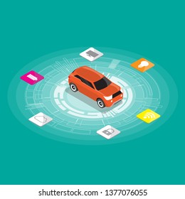 isometric design of driverless car technology features,Modern vector illustration concept, isolated on white background.