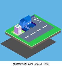 isometrisches Design mit schwimmender Erde, über der Erde gibt es Häuser und Krankenhausgebäude. Es gibt Straßenverkehr und Parkplätze.