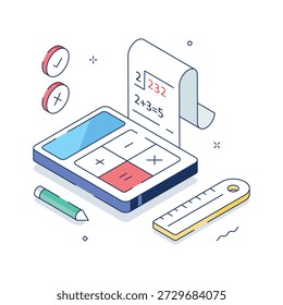 Design isométrico com calculadora, régua e folha de matemática para alunos