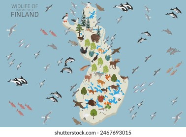 Isometric design of Finland wildlife. Animals, birds and plants constructor elements isolated on white set. Build your own geography infographics collection. Vector illustration