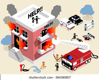 Isometric Design Of Firefighters Or Fireman Fighting Building On Fire And Rescuing Woman And Man Who Stuck In There,firefighters Career Concept Design