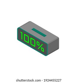 diseño isométrico en forma de reloj de escritorio que muestra una pantalla numérica del 100% en color verde claro