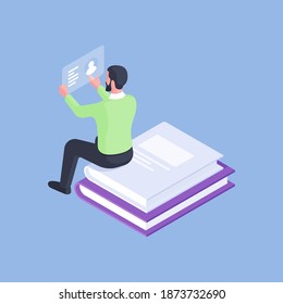 Isometric design of formal male manager reading profile card while sitting on stacked pile of books isolated on blue background