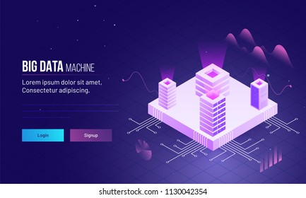 Isometrisches Design von vier Servern auf Prozessorchip, reaktionsschnelle Landing-Page oder Heldenbild für Big Data Storage oder Maschinenkonzept.
