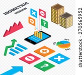 Isometric design. Graph and pie chart. Plus and minus icons. Delete and question FAQ mark signs. Enlarge zoom symbol. Tall city buildings with windows. Vector