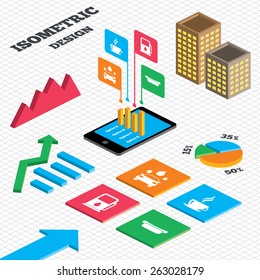 Isometric design. Graph and pie chart. Petrol or Gas station services icons. Automated car wash signs. Hotdog sandwich and hot coffee cup symbols. Tall city buildings with windows. Vector 