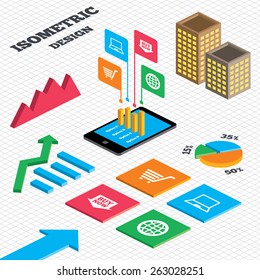 Isometric design. Graph and pie chart. Online shopping icons. Notebook pc, shopping cart, buy now arrow and internet signs. WWW globe symbol. Tall city buildings with windows. Vector 