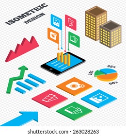 Isometric Design. Graph And Pie Chart. Hipster Photo Camera Icon. Flash Light Symbol. Photo Booth Strips Sign. Landscape Photo Frame. Tall City Buildings With Windows. Vector