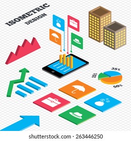 Isometric design. Graph and pie chart. Clothing accessories icons. Umbrella and headdress hat signs. Wallet with cash coins, business case symbols. Tall city buildings with windows. Vector 