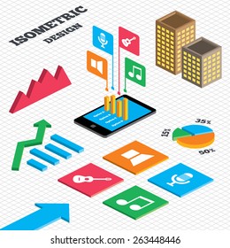 Isometric design. Graph and pie chart. Musical elements icons. Microphone and Sound speaker symbols. Music note and acoustic guitar signs. Tall city buildings with windows. Vector