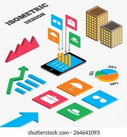 Isometric design. Graph and pie chart. Clothing accessories icons. Umbrella and sunglasses signs. Headdress hat with business case symbols. Tall city buildings with windows. Vector